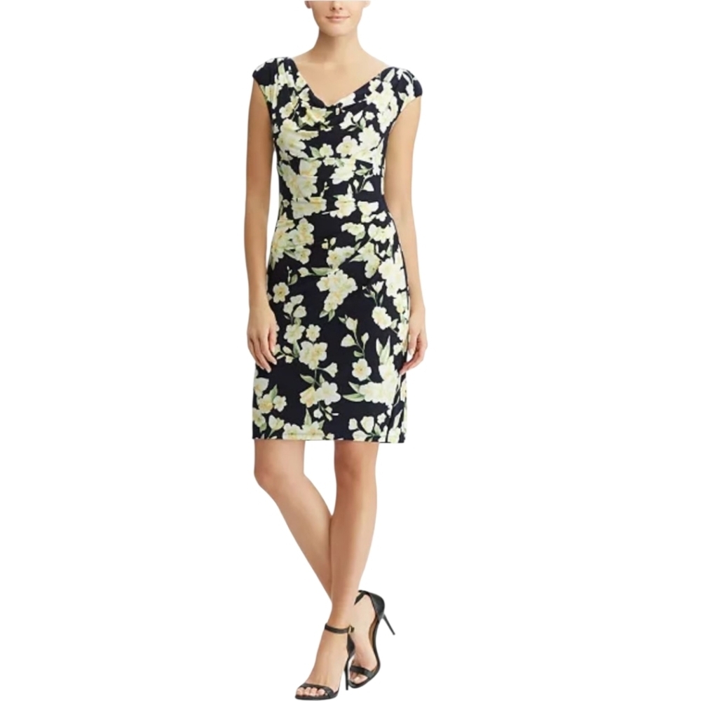Lauren by Ralph Lauren Black Floral Draped Sleeveless Dress Size 8